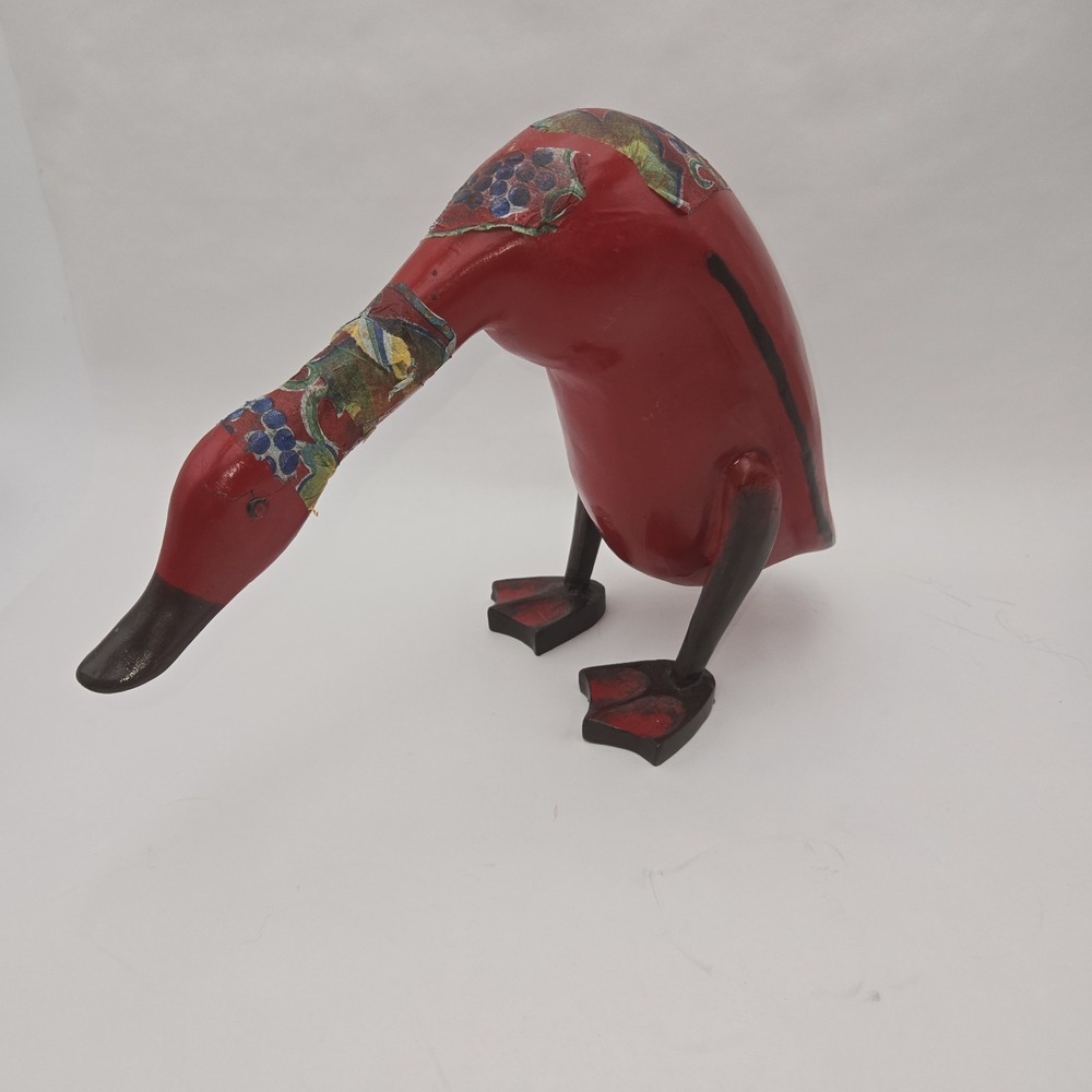 Vintage Hand‎ Carved Wooden Goose Folk Art Red Painted Bird Sculpture 12"